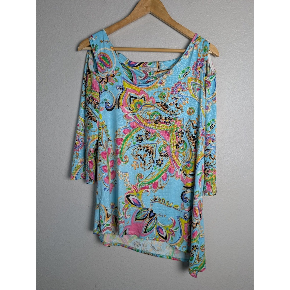 Mesmerize Tunic Blouse Womens L Blue Scoop Neck 3/4 Sleeve Paisley Lightweight